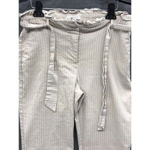 Linda Matthews Pants Size 14 Beige Stripe Ruffle Waist Belt Stretch